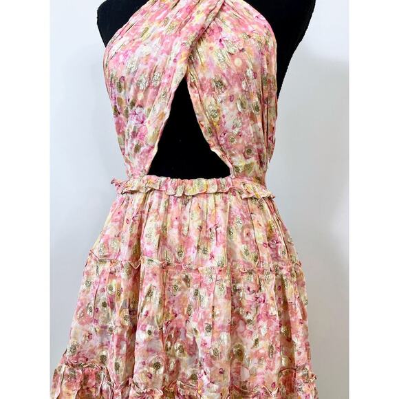 Rococo Sand Faye Mini Dress in Peach Medium Floral Sleeveless Halter Lined Party - Picture 5 of 6